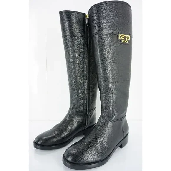 Tory Burch Joanna Black Leather Gold Logo Riding Boots Size 5.5 Heels NIB $495